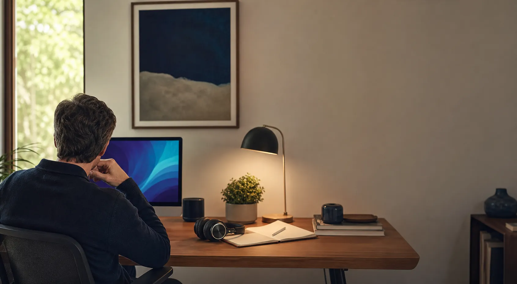 Adult reader at a calm desk preparing for a focused Hypnotube session